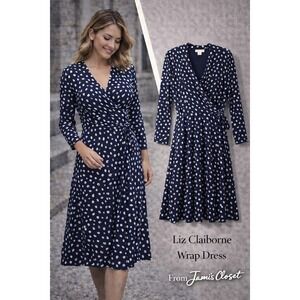 Liz Claiborne Navy Blue White Polka Dot Wrap Dress Large Long Sleeve